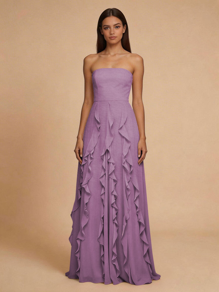 Chiffon A-Line Strapless Long Bridesmaid Dresses with Ruffles