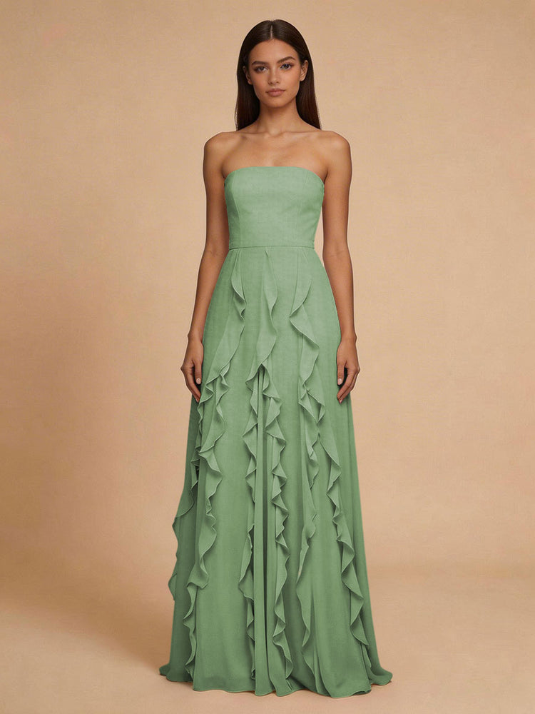 Chiffon A-Line Strapless Long Bridesmaid Dresses with Ruffles