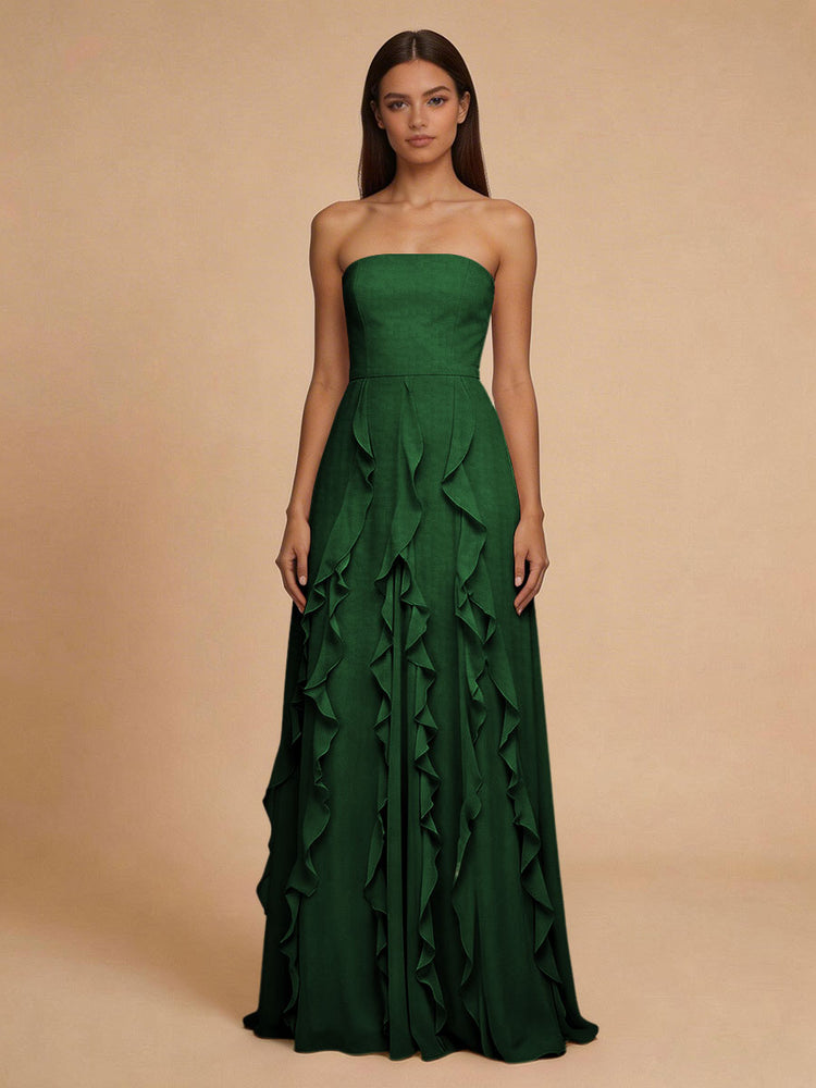Chiffon A-Line Strapless Long Bridesmaid Dresses with Ruffles