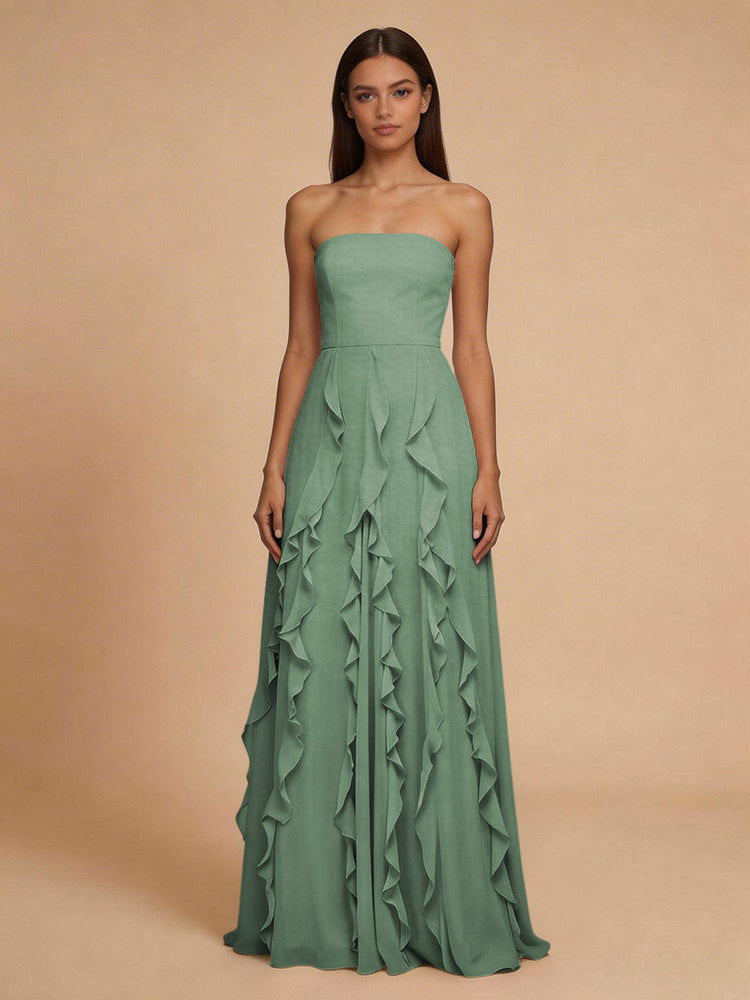 Chiffon A-Line Strapless Long Bridesmaid Dresses with Ruffles