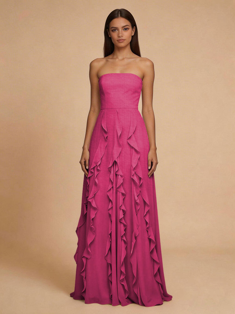 Chiffon A-Line Strapless Long Bridesmaid Dresses with Ruffles
