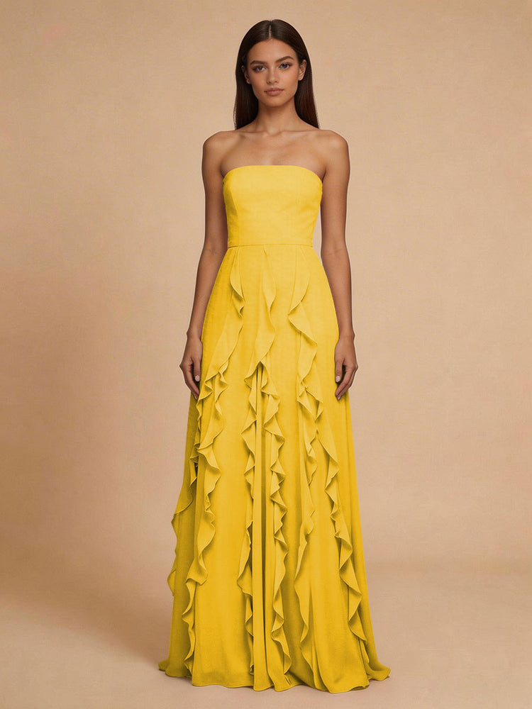 Chiffon A-Line Strapless Long Bridesmaid Dresses with Ruffles