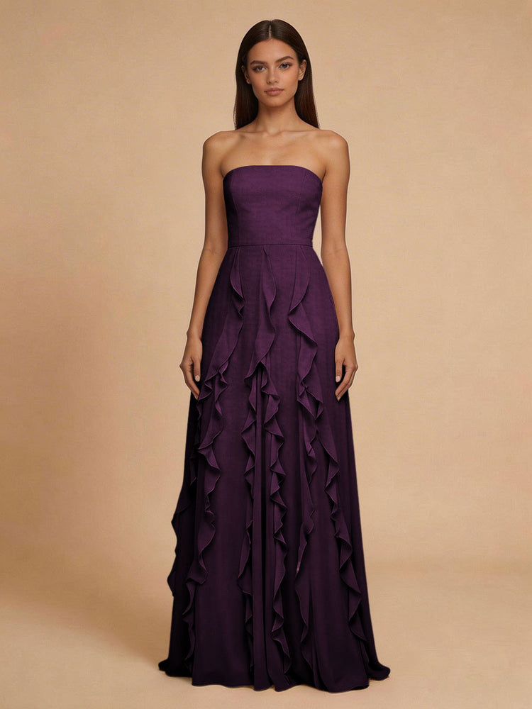 Chiffon A-Line Strapless Long Bridesmaid Dresses with Ruffles