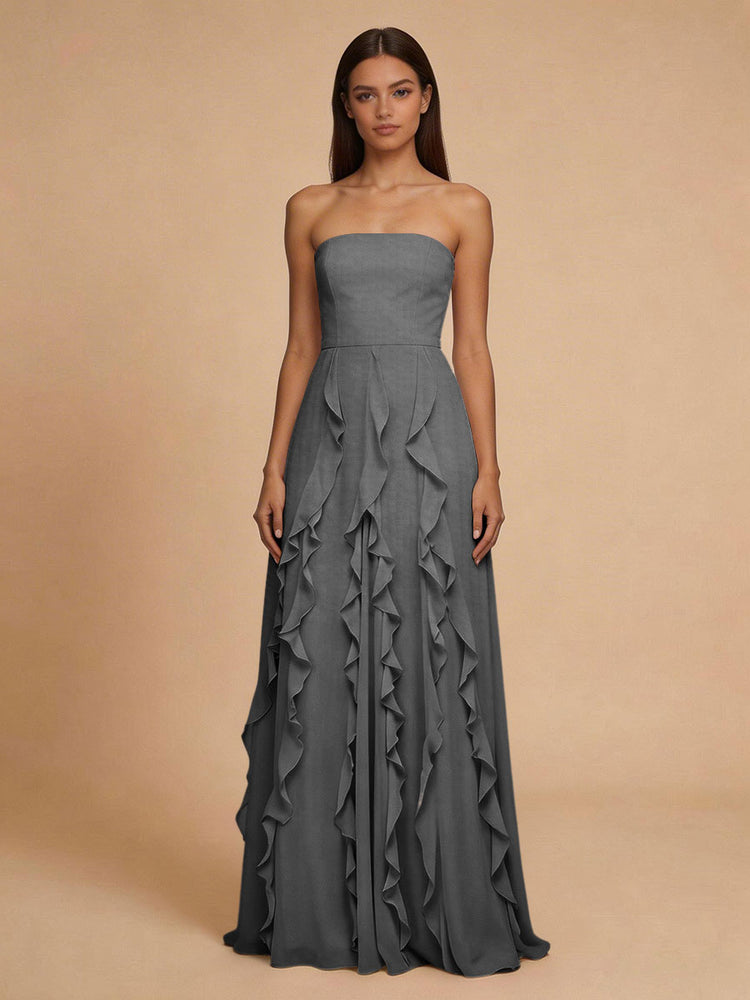 Chiffon A-Line Strapless Long Bridesmaid Dresses with Ruffles