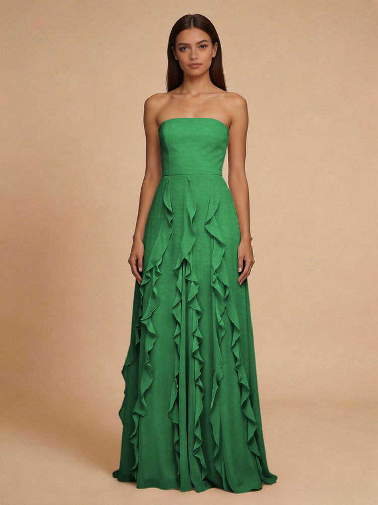Chiffon A-Line Strapless Long Bridesmaid Dresses with Ruffles