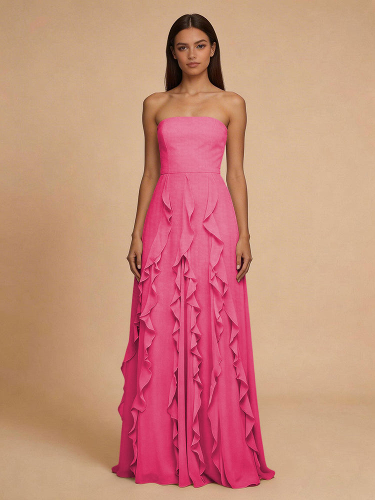 Chiffon A-Line Strapless Long Bridesmaid Dresses with Ruffles
