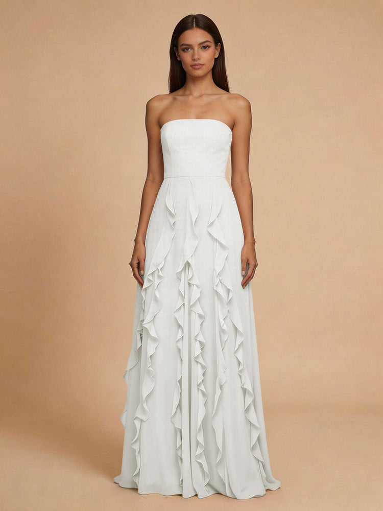 Chiffon A-Line Strapless Long Bridesmaid Dresses with Ruffles