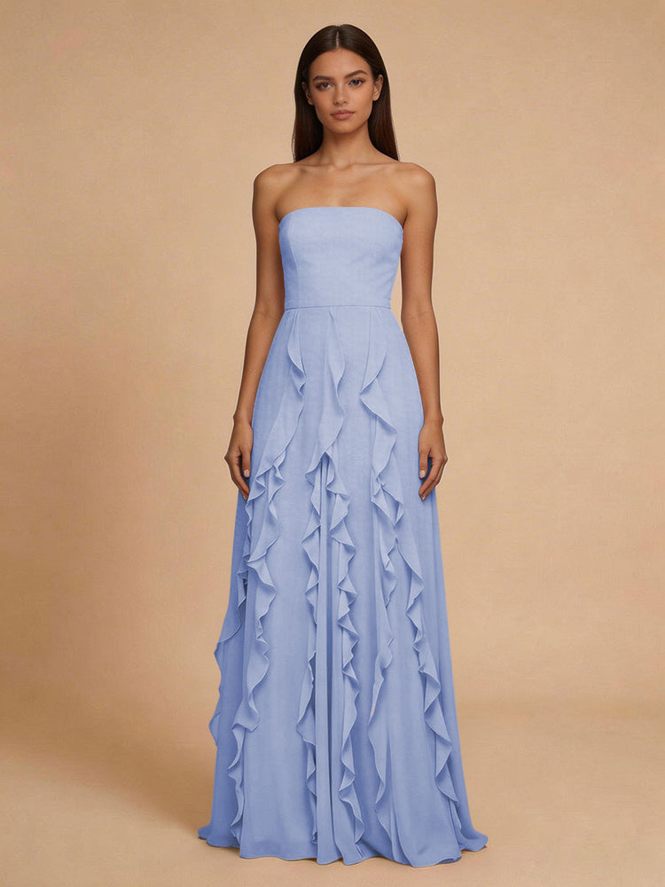 Chiffon A-Line Strapless Long Bridesmaid Dresses with Ruffles