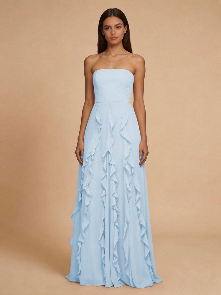 Chiffon A-Line Strapless Long Bridesmaid Dresses with Ruffles