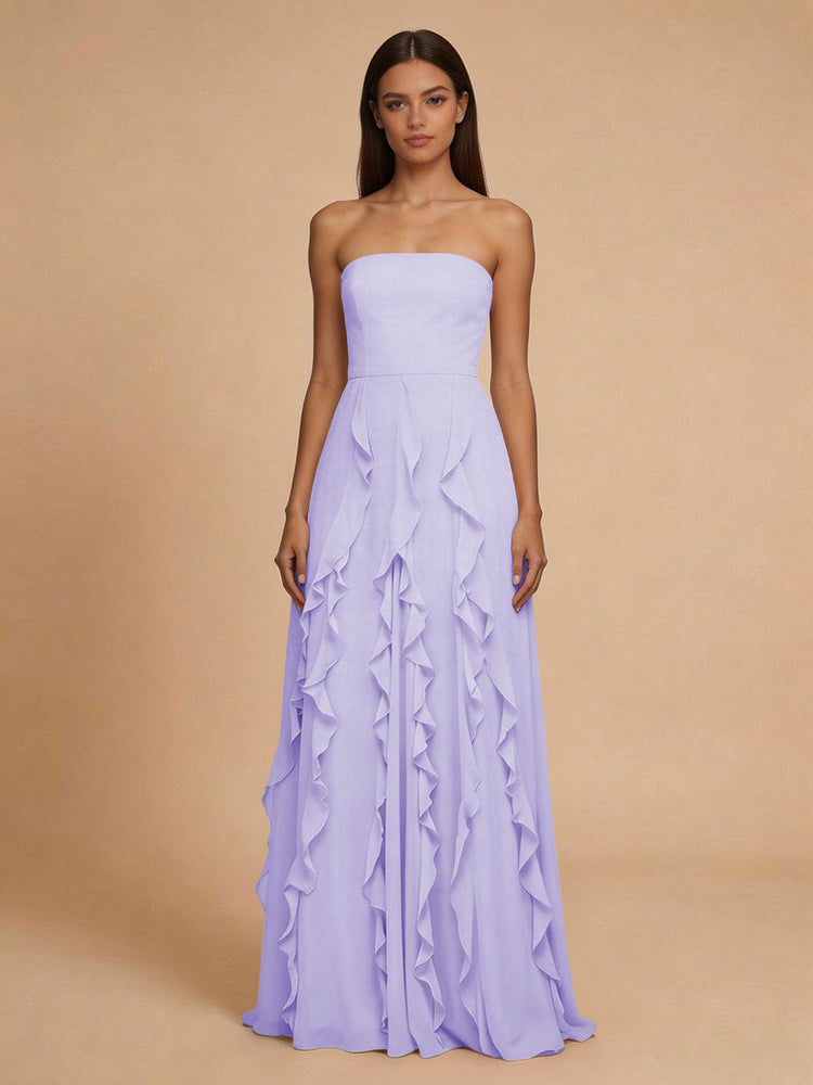 Chiffon A-Line Strapless Long Bridesmaid Dresses with Ruffles