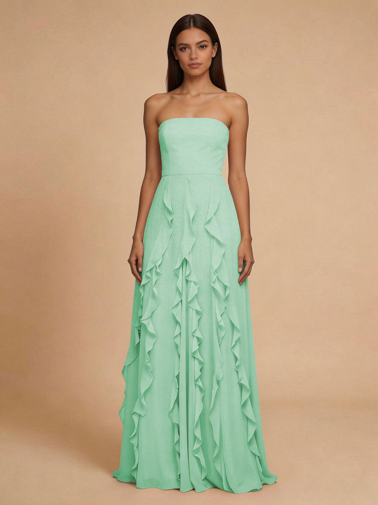 Chiffon A-Line Strapless Long Bridesmaid Dresses with Ruffles