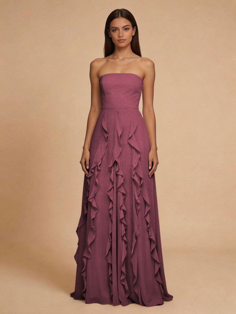 Chiffon A-Line Strapless Long Bridesmaid Dresses with Ruffles