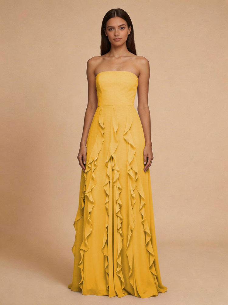 Chiffon A-Line Strapless Long Bridesmaid Dresses with Ruffles