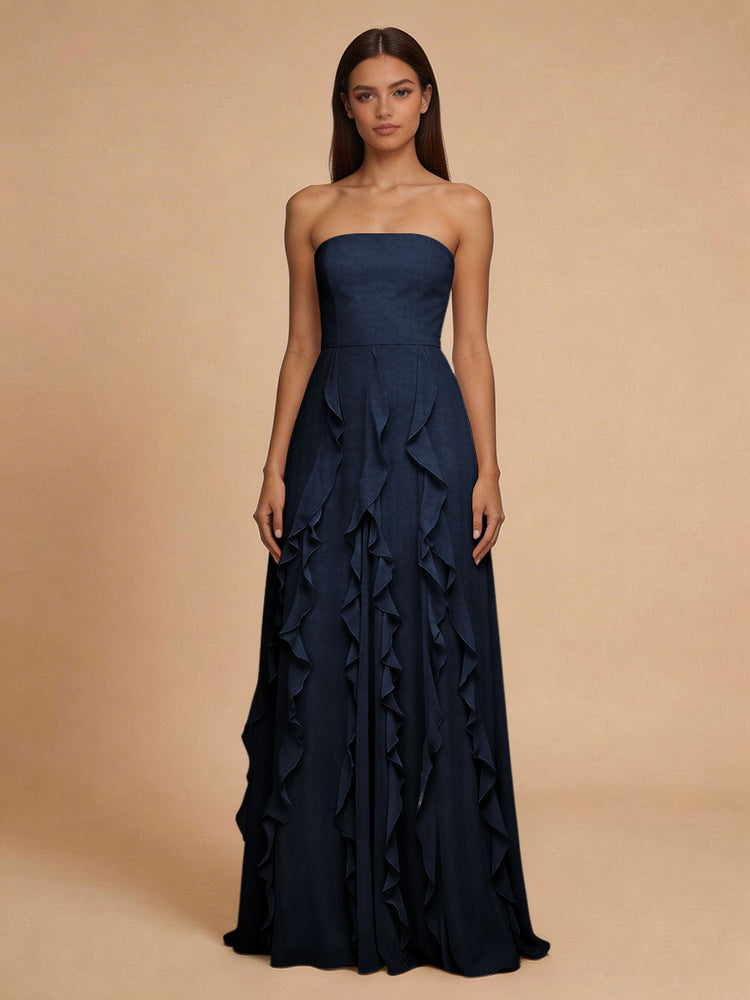 Chiffon A-Line Strapless Long Bridesmaid Dresses with Ruffles