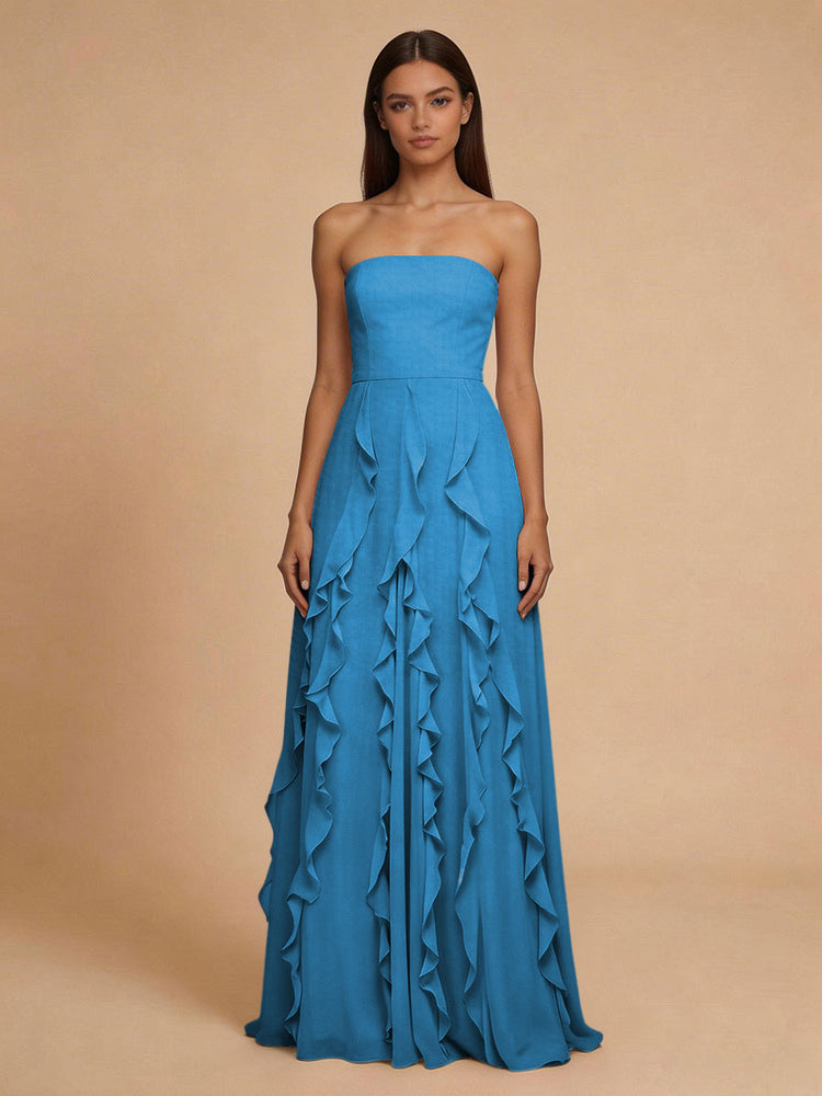 Chiffon A-Line Strapless Long Bridesmaid Dresses with Ruffles