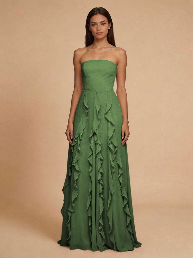 Chiffon A-Line Strapless Long Bridesmaid Dresses with Ruffles