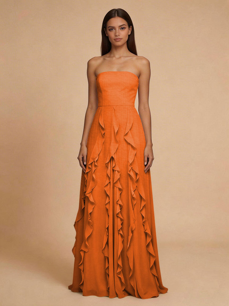 Chiffon A-Line Strapless Long Bridesmaid Dresses with Ruffles