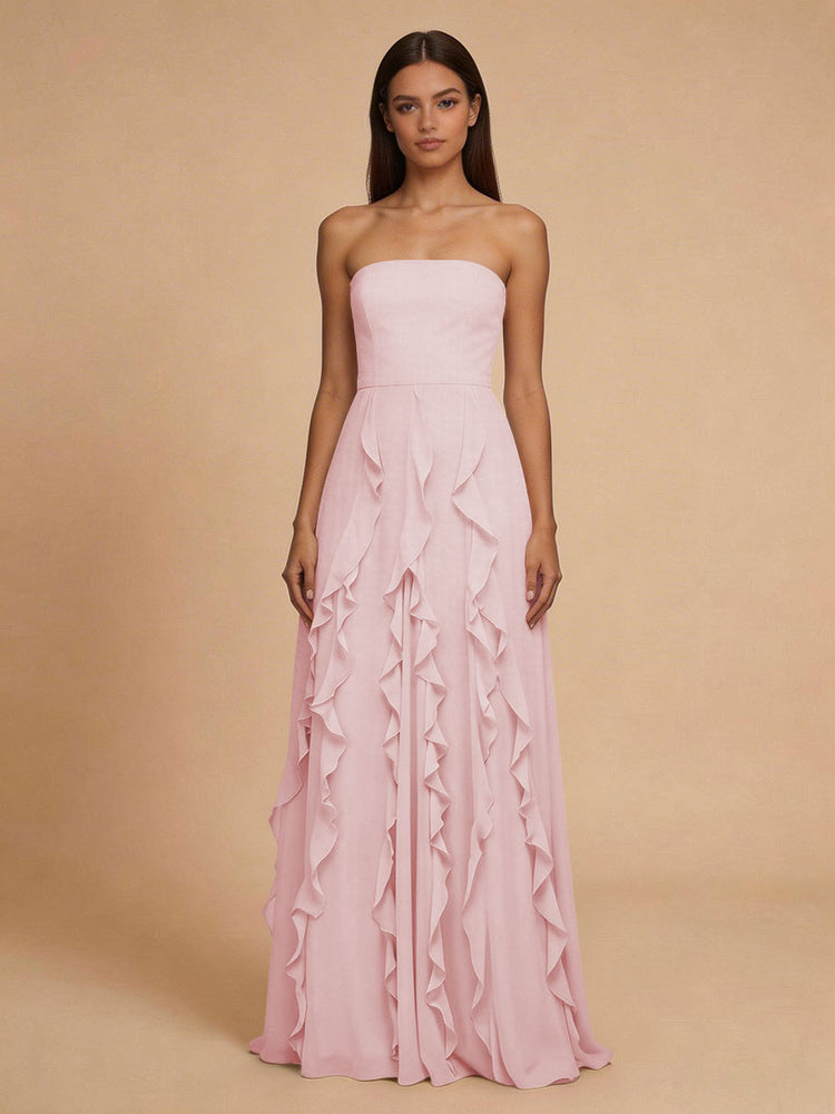 Chiffon A-Line Strapless Long Bridesmaid Dresses with Ruffles