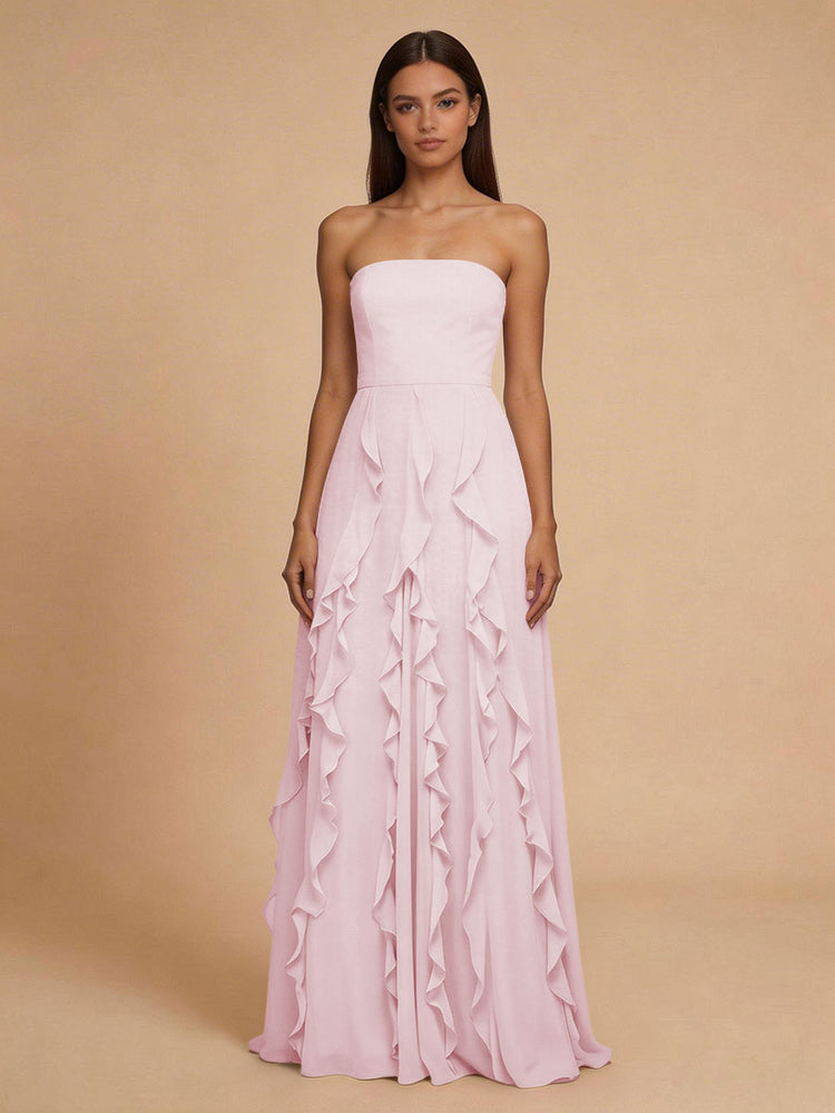 Chiffon A-Line Strapless Long Bridesmaid Dresses with Ruffles