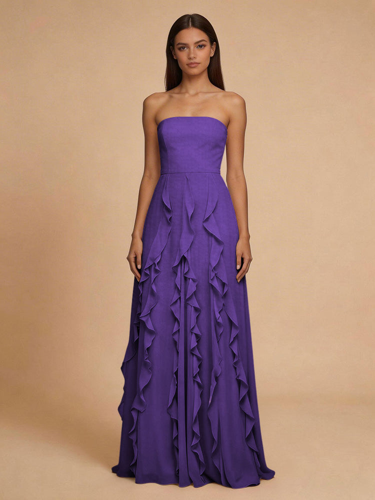 Chiffon A-Line Strapless Long Bridesmaid Dresses with Ruffles