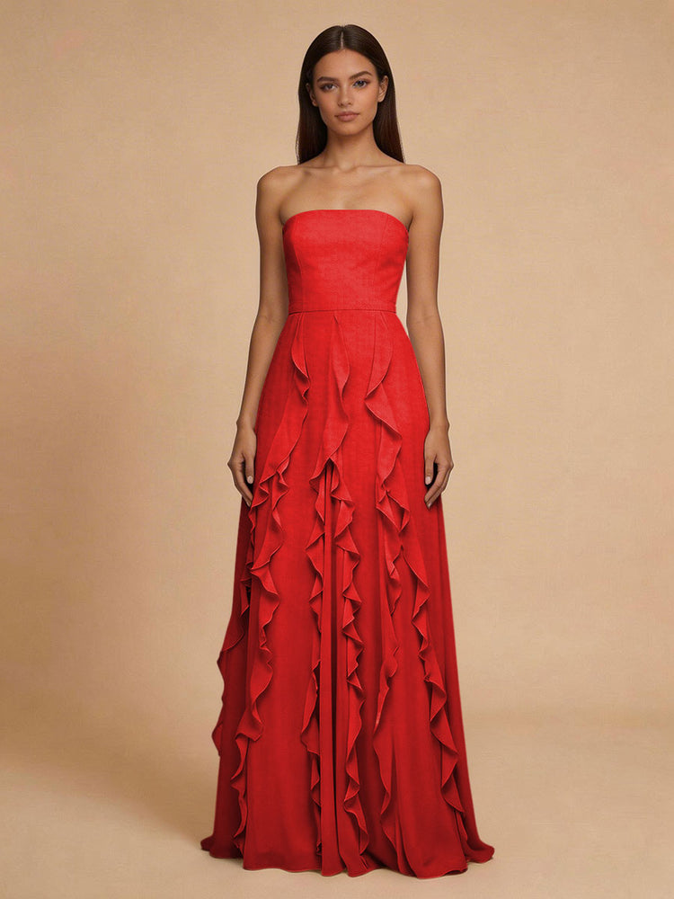 Chiffon A-Line Strapless Long Bridesmaid Dresses with Ruffles