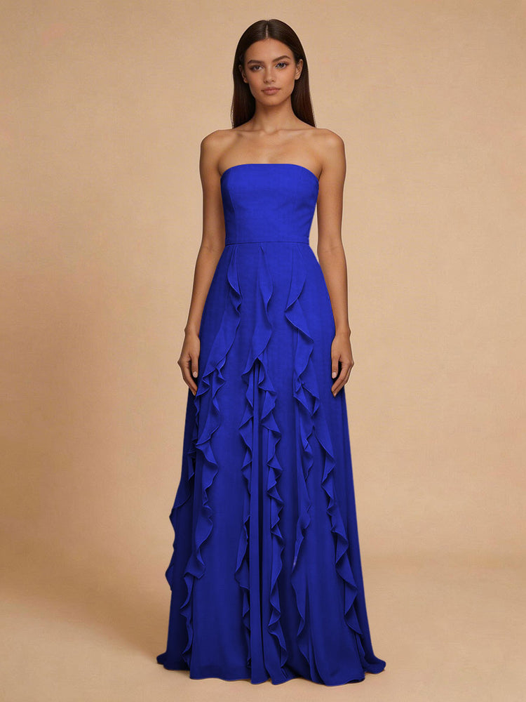 Chiffon A-Line Strapless Long Bridesmaid Dresses with Ruffles