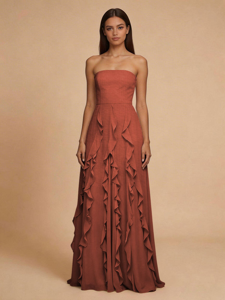 Chiffon A-Line Strapless Long Bridesmaid Dresses with Ruffles