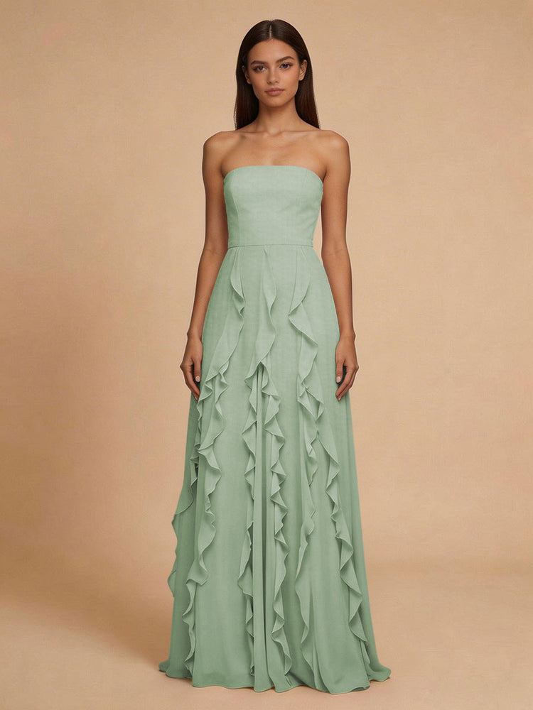 Chiffon A-Line Strapless Long Bridesmaid Dresses with Ruffles