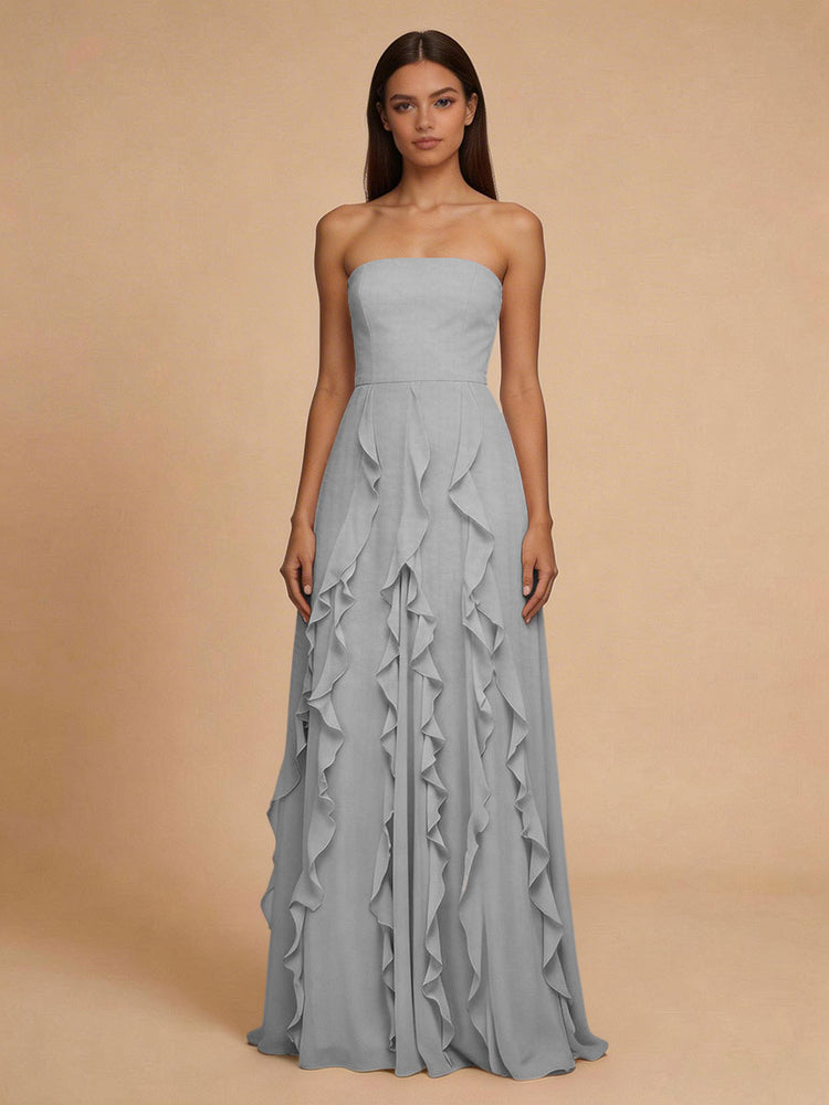 Chiffon A-Line Strapless Long Bridesmaid Dresses with Ruffles