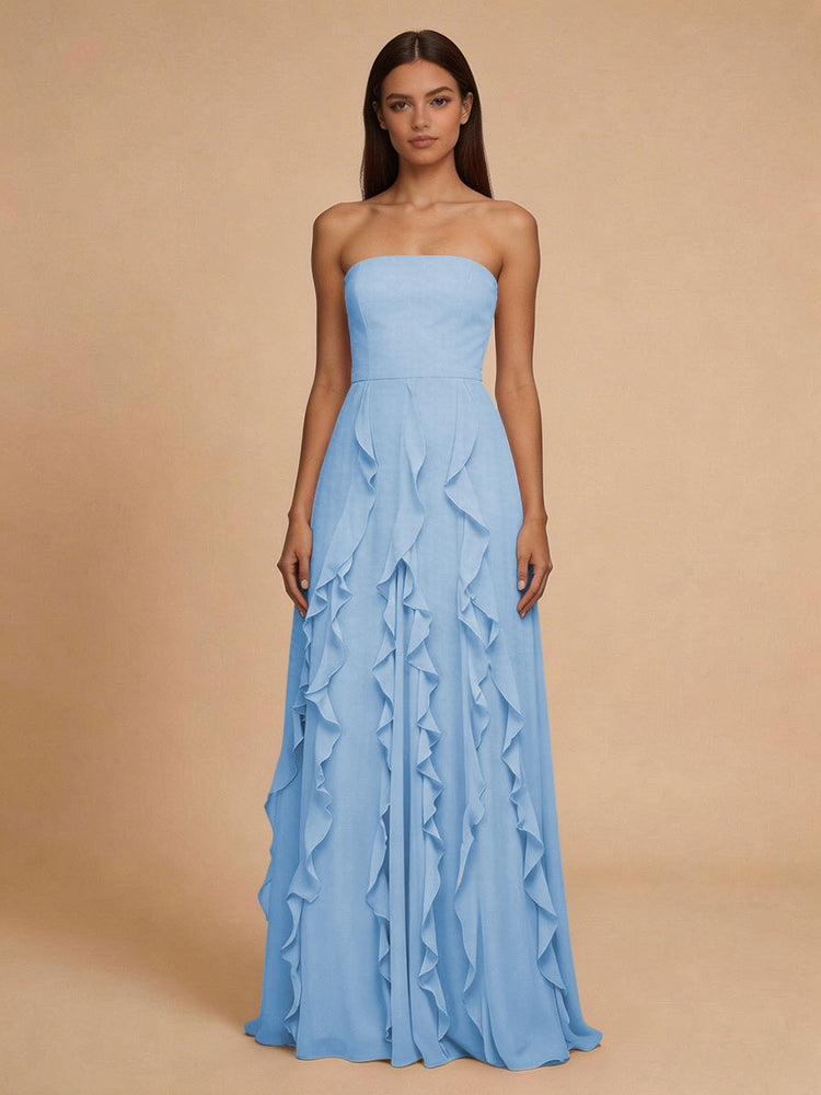 Chiffon A-Line Strapless Long Bridesmaid Dresses with Ruffles