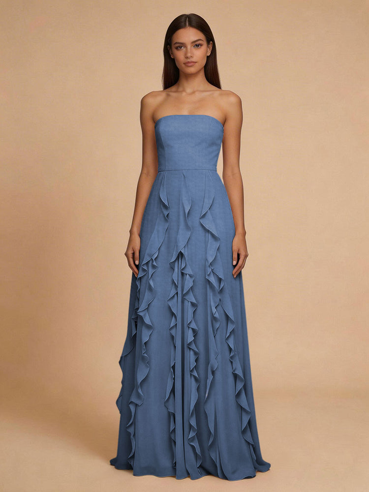Chiffon A-Line Strapless Long Bridesmaid Dresses with Ruffles