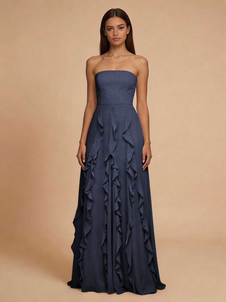 Chiffon A-Line Strapless Long Bridesmaid Dresses with Ruffles