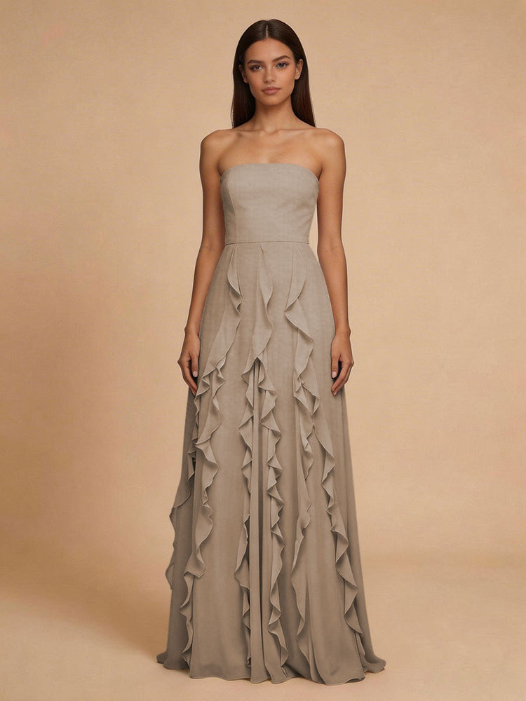 Chiffon A-Line Strapless Long Bridesmaid Dresses with Ruffles