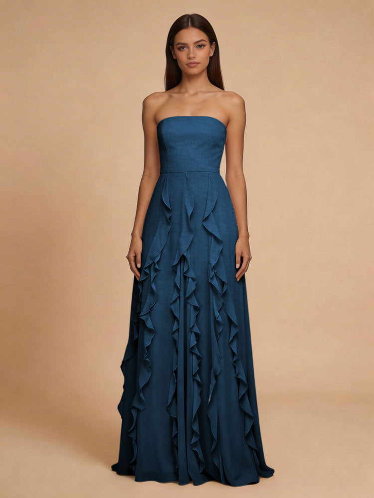 Chiffon A-Line Strapless Long Bridesmaid Dresses with Ruffles