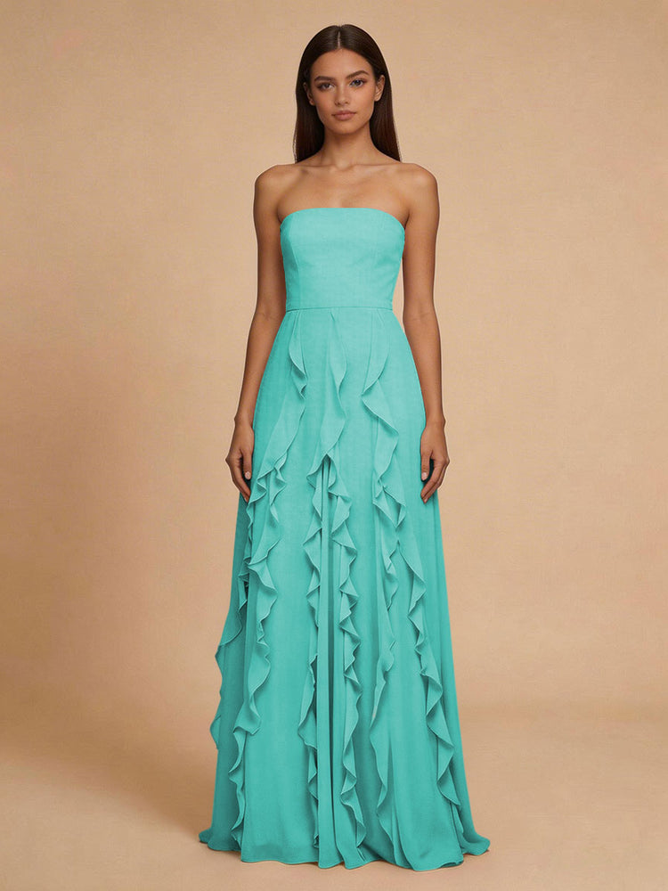 Chiffon A-Line Strapless Long Bridesmaid Dresses with Ruffles