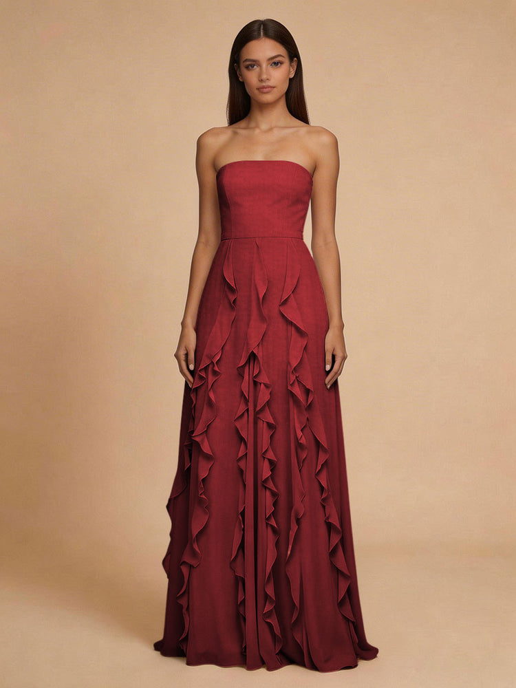 Chiffon A-Line Strapless Long Bridesmaid Dresses with Ruffles
