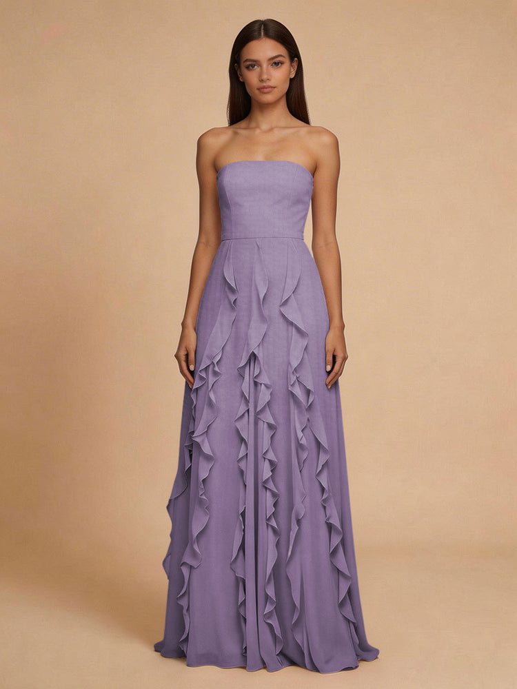 Chiffon A-Line Strapless Long Bridesmaid Dresses with Ruffles