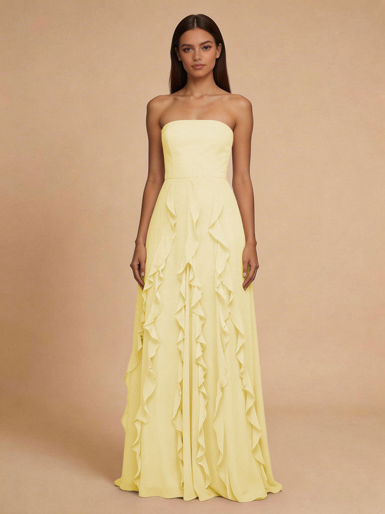 Chiffon A-Line Strapless Long Bridesmaid Dresses with Ruffles