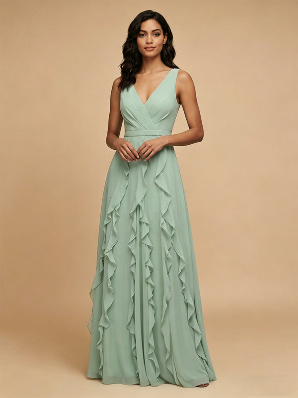 Chiffon A-Line V Neck Long Bridesmaid Dresses with Ruffles