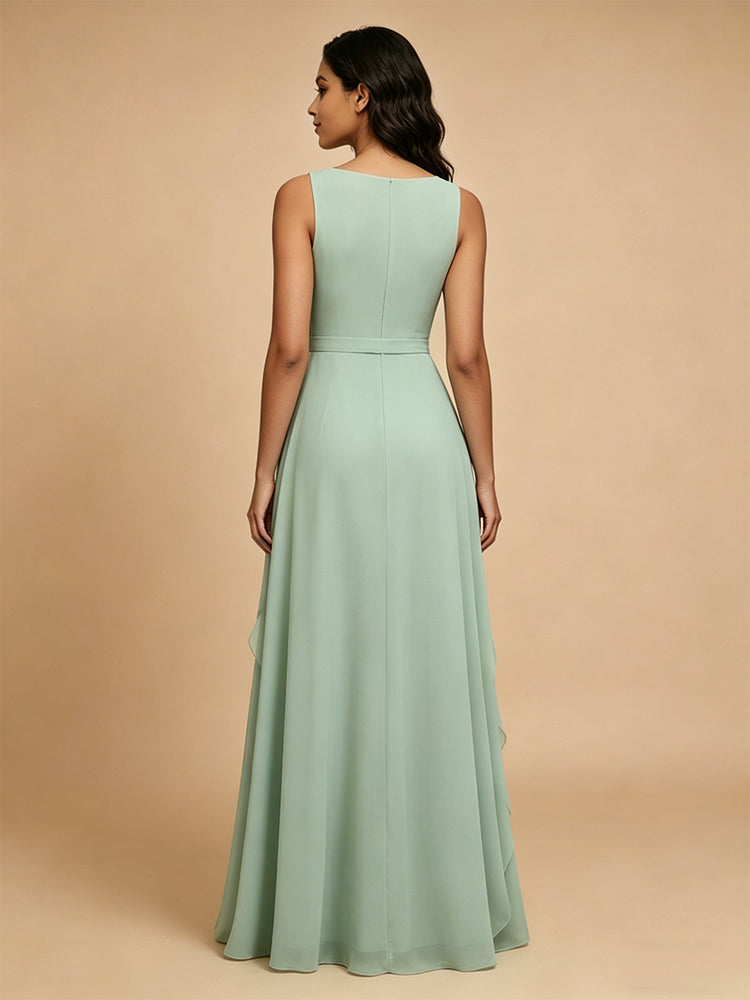 Chiffon A-Line V Neck Long Bridesmaid Dresses with Ruffles