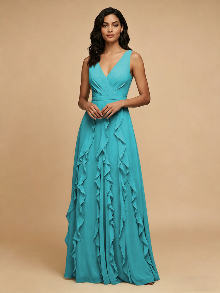 Chiffon A-Line V Neck Long Bridesmaid Dresses with Ruffles