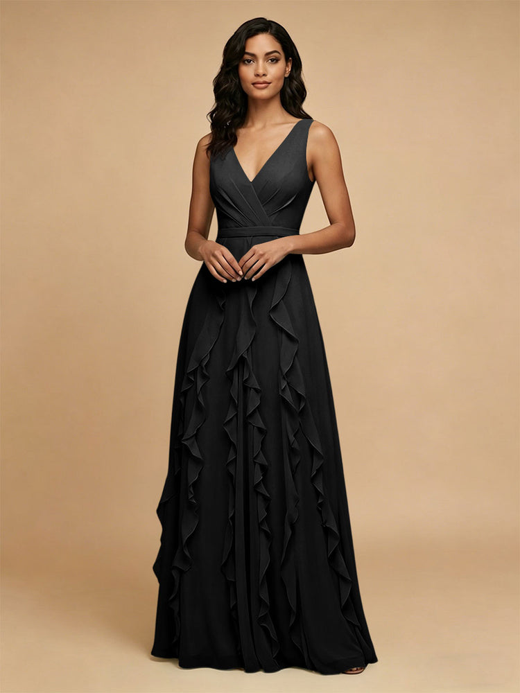 Chiffon A-Line V Neck Long Bridesmaid Dresses with Ruffles