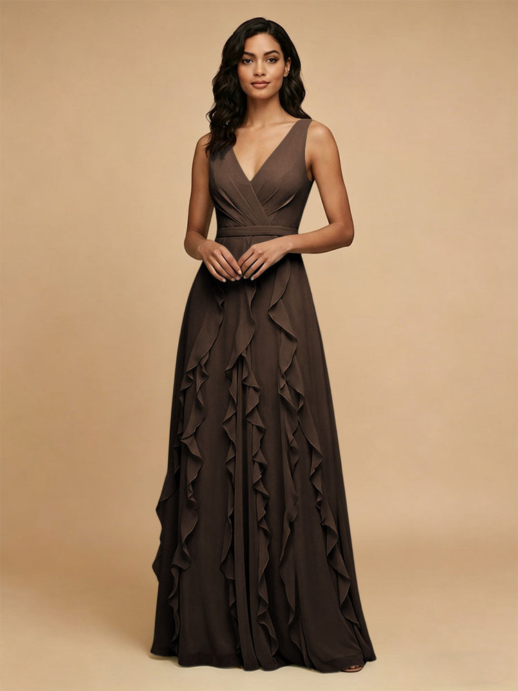 Chiffon A-Line V Neck Long Bridesmaid Dresses with Ruffles
