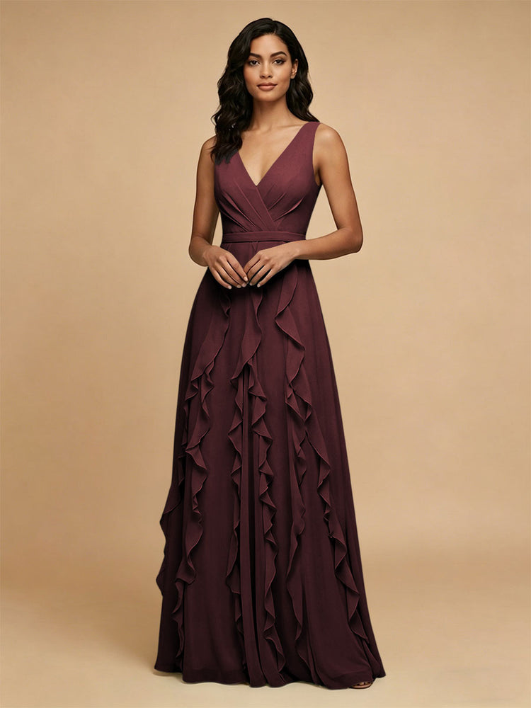 Chiffon A-Line V Neck Long Bridesmaid Dresses with Ruffles