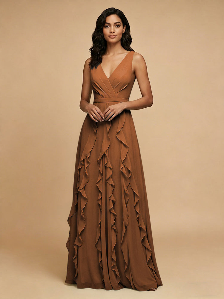Chiffon A-Line V Neck Long Bridesmaid Dresses with Ruffles
