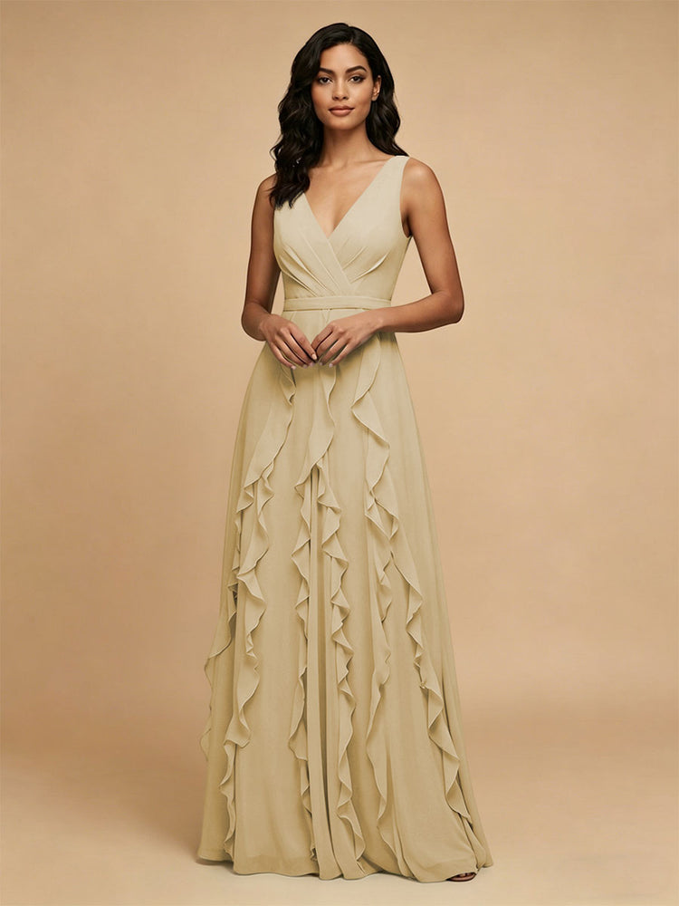 Chiffon A-Line V Neck Long Bridesmaid Dresses with Ruffles