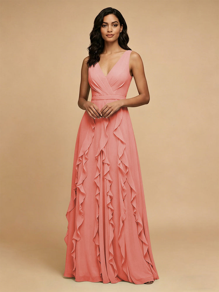 Chiffon A-Line V Neck Long Bridesmaid Dresses with Ruffles