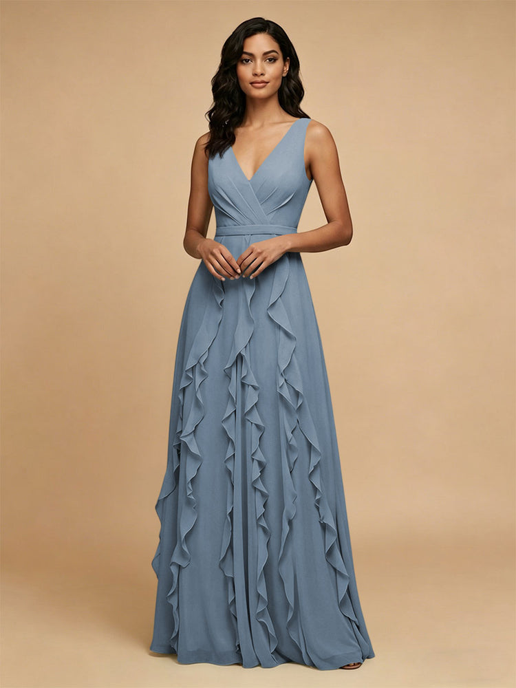 Chiffon A-Line V Neck Long Bridesmaid Dresses with Ruffles