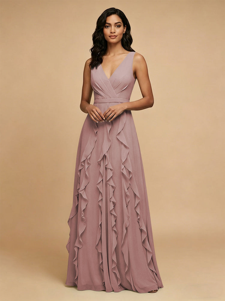 Chiffon A-Line V Neck Long Bridesmaid Dresses with Ruffles