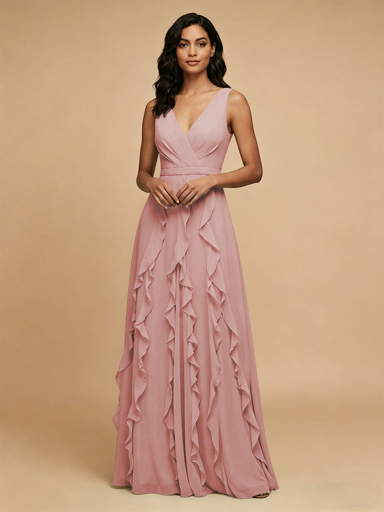 Chiffon A-Line V Neck Long Bridesmaid Dresses with Ruffles